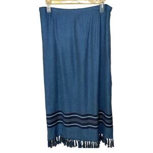 Long Midi 1X Blanket SKIRT Fringe Border Stripe Side Vent Pull-On Denim & Co QVC